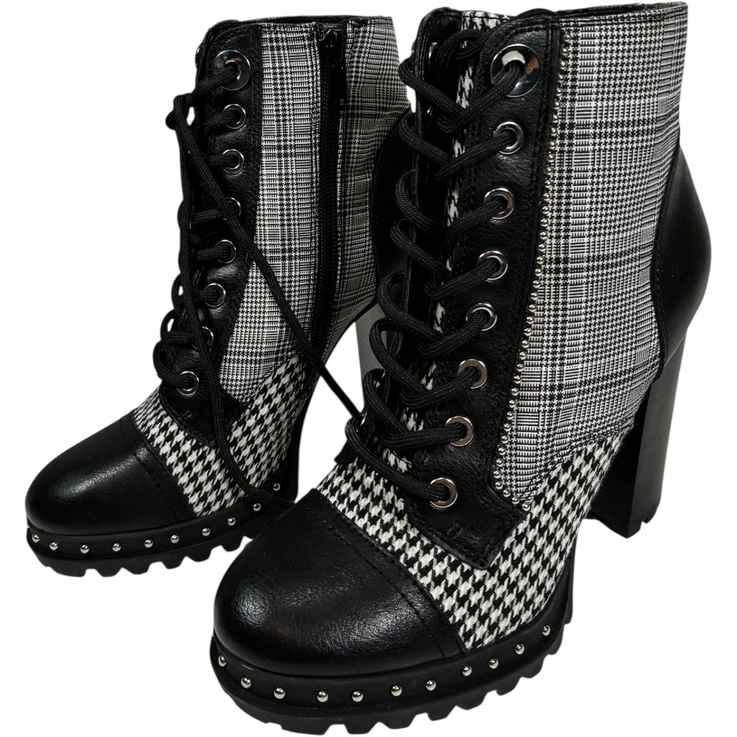 Aldo Marille Womens 6.5 Black & White Plaid/Checker Studded Heeled Ankle Boots Item image 7