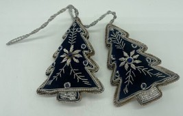 Vintage Beaded Hand Embroidered Velvet Blue Tree Ornaments Christmas Ornate Lot - £20.37 GBP