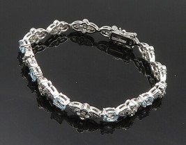 925 Sterling Silver - Genuine Diamond &amp; Blue Topaz Floral Chain Bracelet- BT7253 - £72.40 GBP