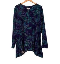 Denim and Co Paisley Tunic Top Size XL LS Soft Asymmetrical Hem Navy Blu... - $17.82