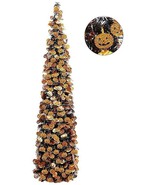 Halloween 5ft Collapsible Black Pencil Tinsel Tree w/ Gold Orange Pumpki... - £18.66 GBP