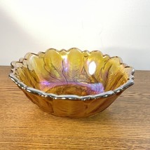 Vintage Carnival Glass Wild Rose  Bowl Amber Iridescent 9&quot; Wide 3.2” High Footed - £10.95 GBP