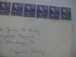 6 Violet 3 cent Thomas Jefferson Stamp post marked 1948 from Livingston, NJ.  - £474.57 GBP