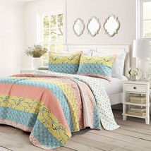 King size Blue Yellow Pink Ivory Boho Floral Reversible Lightweight Quilt Set - £146.75 GBP