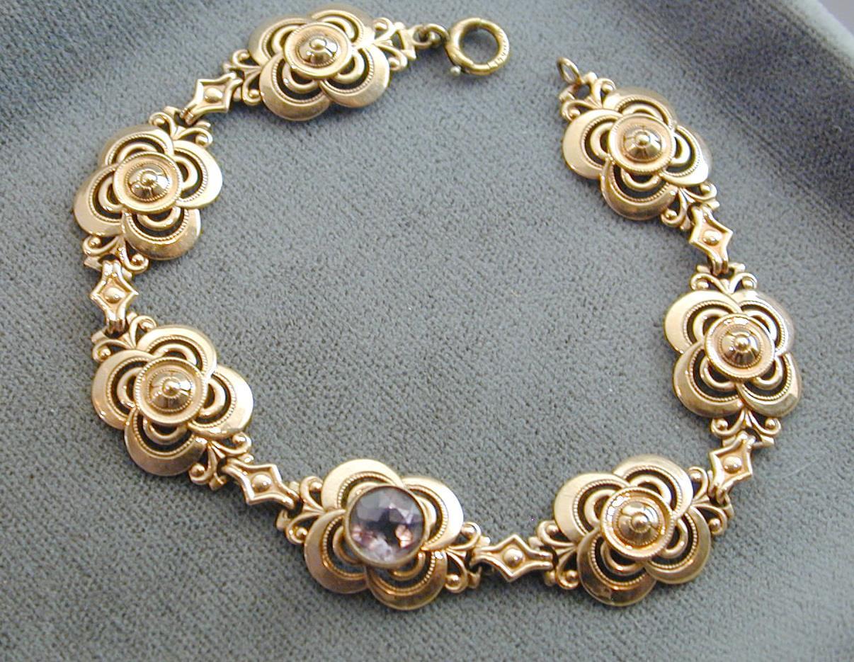 Primary image for Art Deco 10K Yellow Gold Amethyst Link Bracelet In Box GF Clasp