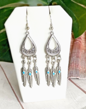 Women&#39;s Silver &amp; Turquoise Feather Chandelier Dangle Earrings Jewelry - $1.97