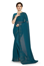 Designer Teal Blue Hot Fix Siroski Stone Work Sari Simmer Silk Party Wea... - $69.95