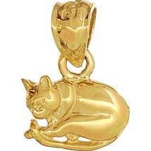 14K Gold Sleeping Cat Charm 9.5mm x 10mm with 14K Yellow Gold 18&quot; Chain Jewelry - £90.54 GBP