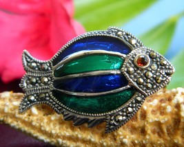 Tropical Fish Brooch Pin Marcasite Enamel Sterling Silver 925 Figural - $27.95