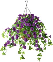 Inqcmy Artificial Hanging Flowers In Basket,Lvy Basket With, Dark Purple - £37.60 GBP