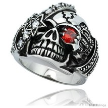 Size 11 - Surgical Steel Biker Skull Ring Red CZ Eye &amp; Eye patch Crown o... - $15.63