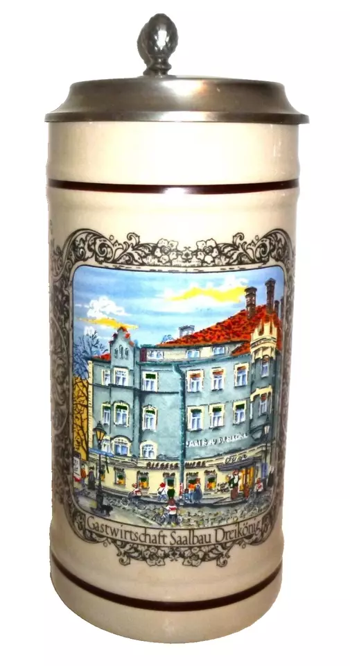 Brauhaus Riegele Augsburg Saalbau Dreikonig lidded German Beer Stein - $14.95
