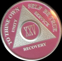 Pink &amp; Silver Plated 25 Year AA Chip Alcoholics Anonymous Medallion Coin XXV - £16.29 GBP
