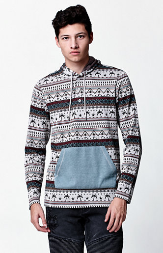 On The Byas Palm Tree Jacquard Long Sleeve Hooded Shirt Henley Hoodie New Regular M