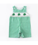 NEW St Patrick&#39;s Shamrock Baby Boys Smocked Boutique Romper Jumpsuit Ove... - £13.46 GBP