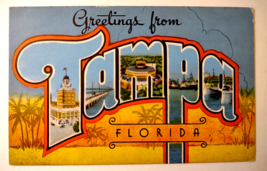 Greetings From Tampa Florida Large Letter Linen Postcard Gandy Bridge Harbor - £22.91 GBP