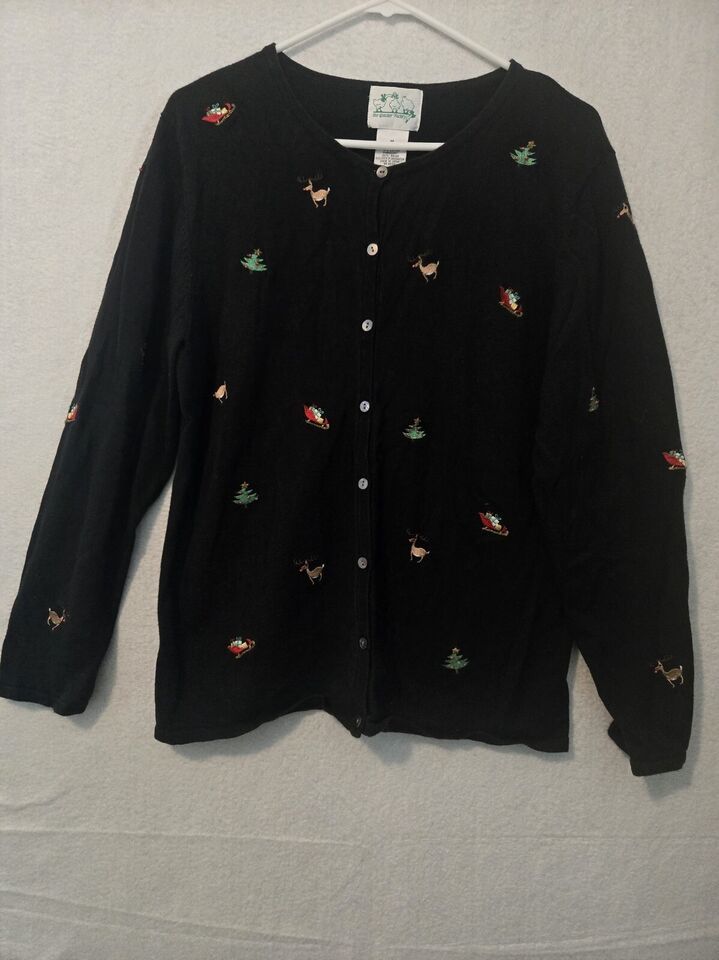 Quacker Factory Womens Medium Black Holiday Cardigan Sweater Holiday - $29.68