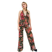 Vtg 70s Green Floral Slinky Halter Top Pant Set Eyelet Trim Lined Bust P... - $123.85