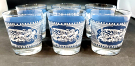 Vintage  Currier &amp; Ives Blue and White  6oz Old Fashion Rock Glasses – s... - £39.34 GBP