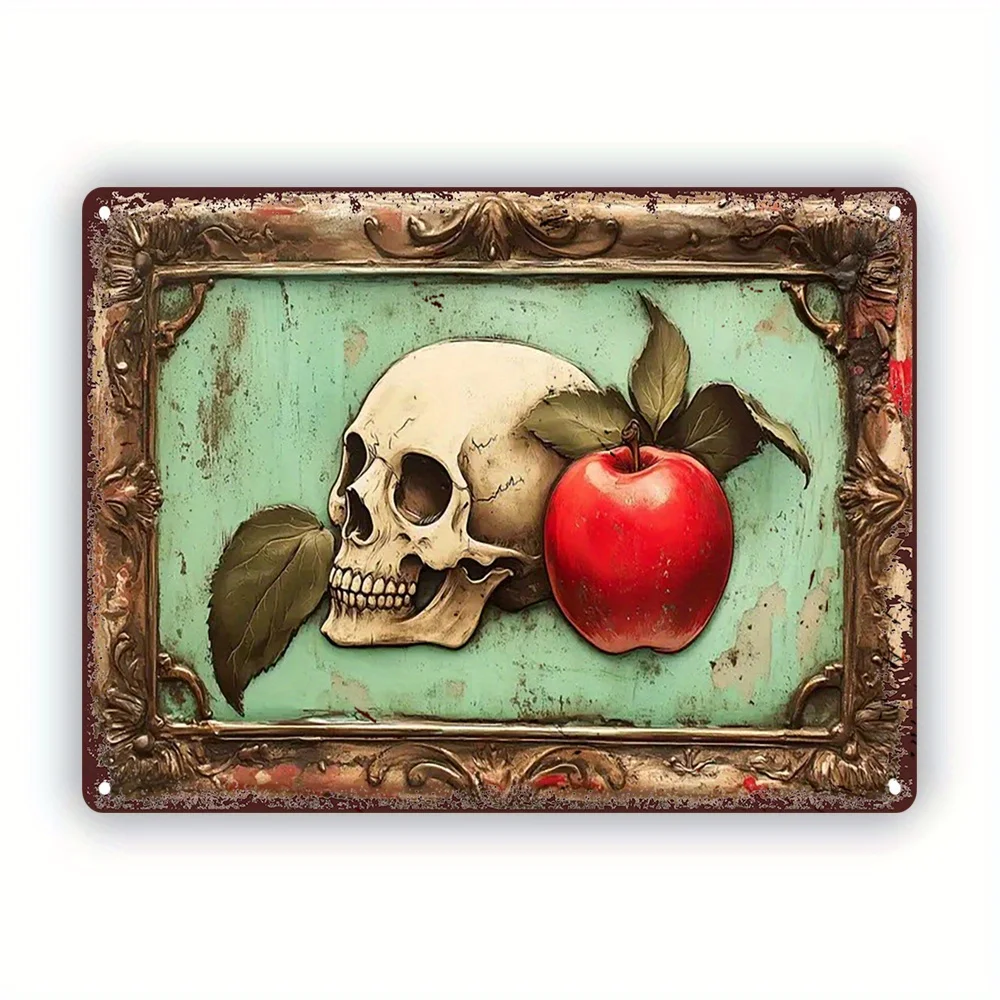1pc Rustic Skull Red Apple Metal Sign Vintage Tin Poster for Home Office... - $30.76 CAD