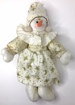 Gold &amp; White Plush Christmas Snowman Decor Wire Arms Legs Bendable - £7.90 GBP