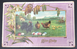 1910s Easter Greetings w/ Chickens Chicks &amp; Colored Eggs Postcard Gold Foil - £5.42 GBP