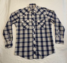 Roper Western Plaid Pearl Snap Shirt Long Sleeve Mens Large White Blue Cowboy  - £15.21 GBP