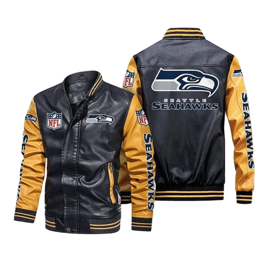 NFL Seattle Seahawks Leather Bomber Jacket Varsity Look - $129.99+