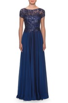 La Femme 27924 Floral Lace &amp; Satin Chiffon Gown SZ 10 ($378) Navy - £94.47 GBP