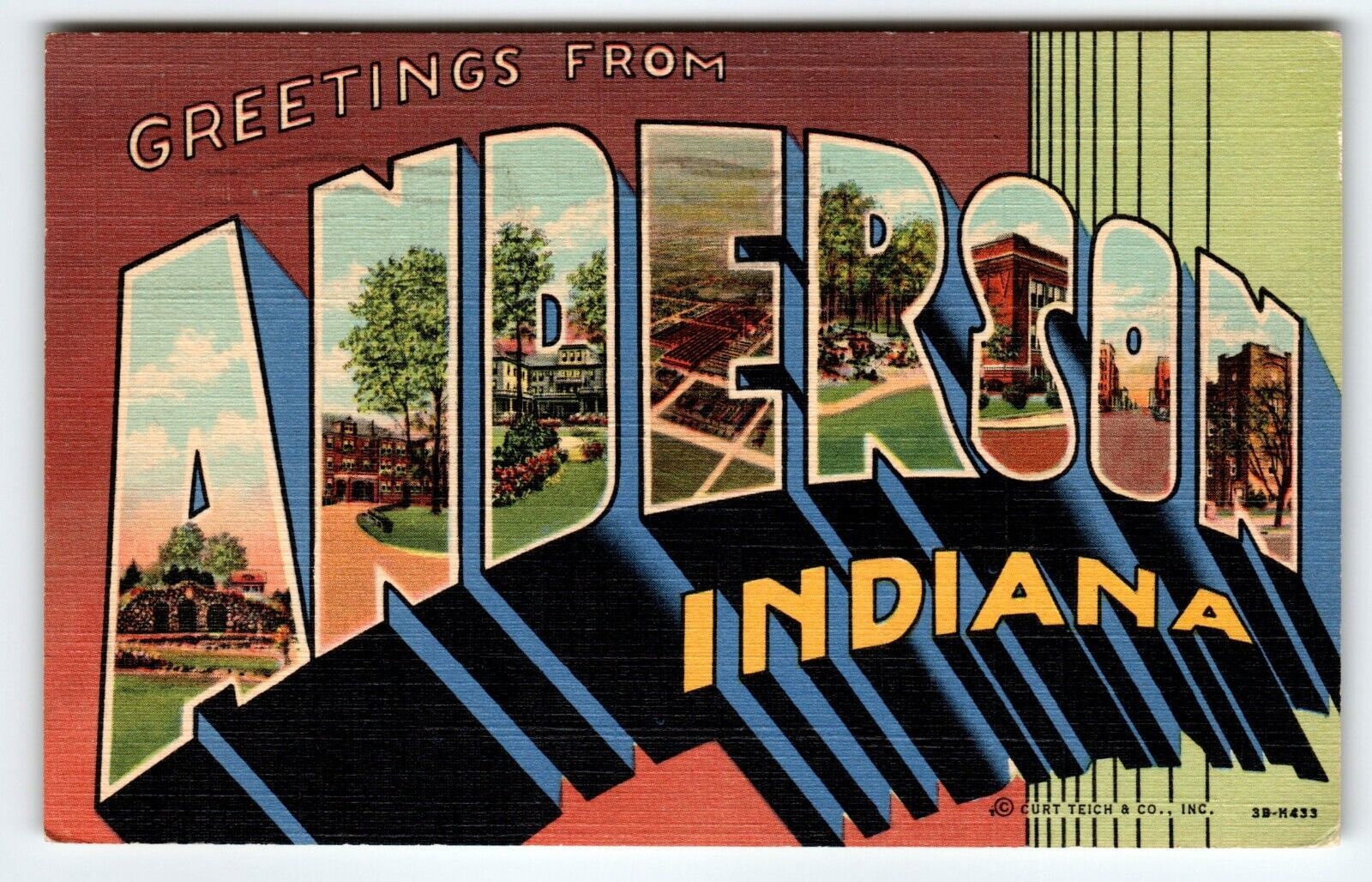 Greetings From Anderson Indiana Postcard Large Big Letter Linen 1951 Curt Teich - $12.83