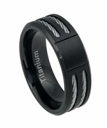 Grooved Center Brushed Black IP Plated Ring Low Beveled Edge Double Cabl... - $54.69 CAD