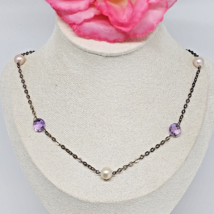 JCM 925 Oxidized Sterling Silver Vermeil Purple Crystal &amp; Pearls Chain Necklace - £23.94 GBP