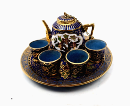 Vintage Cloisonné Miniature Teapot 6 pc Set Brass Enamel Inlay Cobalt Cups Tray - £23.91 GBP