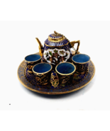 Vintage Cloisonné Miniature Teapot 6 pc Set Brass Enamel Inlay Cobalt Cu... - £23.59 GBP