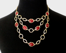 Vintage Costume Necklace 3 Strands Gold Tone Chain 1&quot; Dark Red Faceted B... - £10.19 GBP