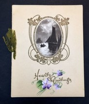Antique Hearty Greetings Christmas Card Embossed Hand Painted Late 1800s - £15.73 GBP