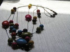 Estate Long Antique Bronze Multistrand with Pink Coral Yellow Lime Green Plastic - £8.17 GBP