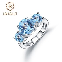 Natural Round Sky Blue Topaz Three Stone Wedding Band Rings 925 Sterling Silver  - £40.19 GBP