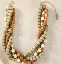 Plunder Necklace (New) 4-STRAND Wood Beads, Sage, Cream &amp; Brown 16.5&quot;-19.5&quot; (Pn) - £25.00 GBP
