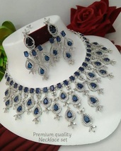 Indian Bollywood Silver Plated Ethnic AD CZ Blue Necklace Bridal Jewelry Set - £57.10 GBP