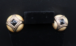Vintage Goldtone and Black Enamel Clip on Earrings Round Geometric Signed - £10.99 GBP