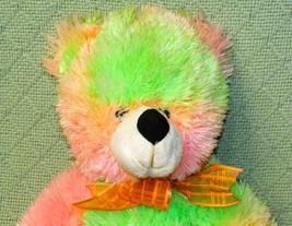 15" Goffa Neon Teddy Plush Green Orange Pink Furry Stuffed Animal Tye Dye Lovey - $13.50