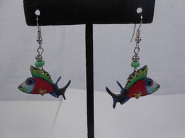 Vintage colorful Plastic Drop Earrings Fish Red Green Blue - $9.50