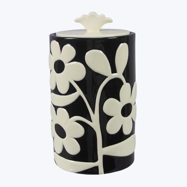 Ceramic Black and White Raised Floral Design Canister Large inch, small ... - $44.53+