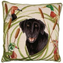 Throw Pillow Needlepoint Sporting Black Lab Dog 18x18 Green Cotton Velvet Wool - $289.00
