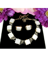 CORO Thermoset WHITE Milky CABS Vintage NECKLACE &amp; CLIP ON EARRINGS Chok... - $31.72 CAD
