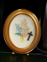 Religious Shrine Mourning glass Framed Rosary Crucifix shell flower memorial Fol - £99.91 GBP