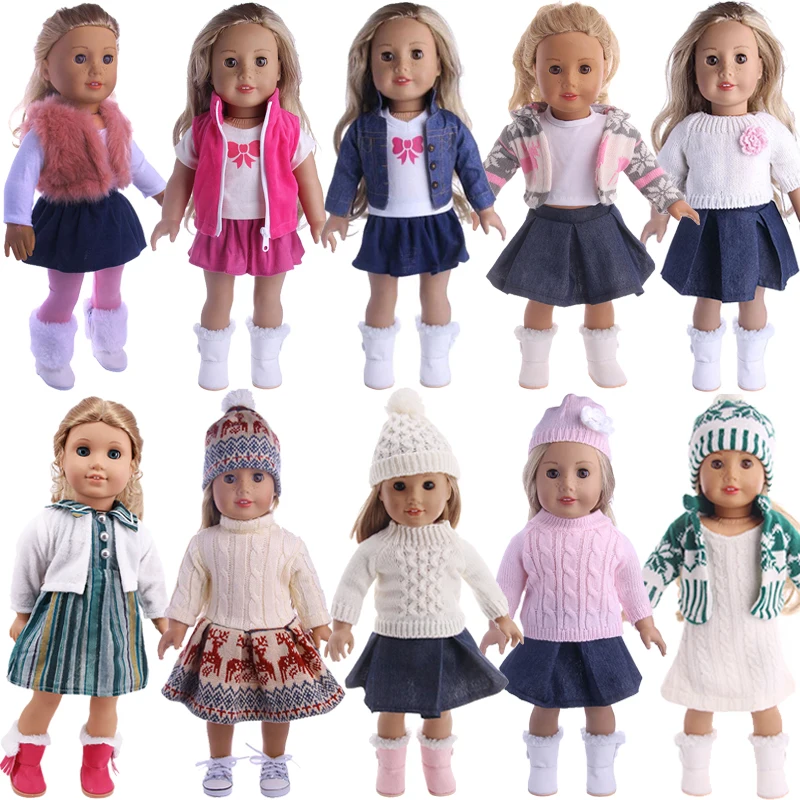 Doll clothes 3pcs set t shirt hat knitted sweater skirt suit for 18 inch american 43cm thumb200