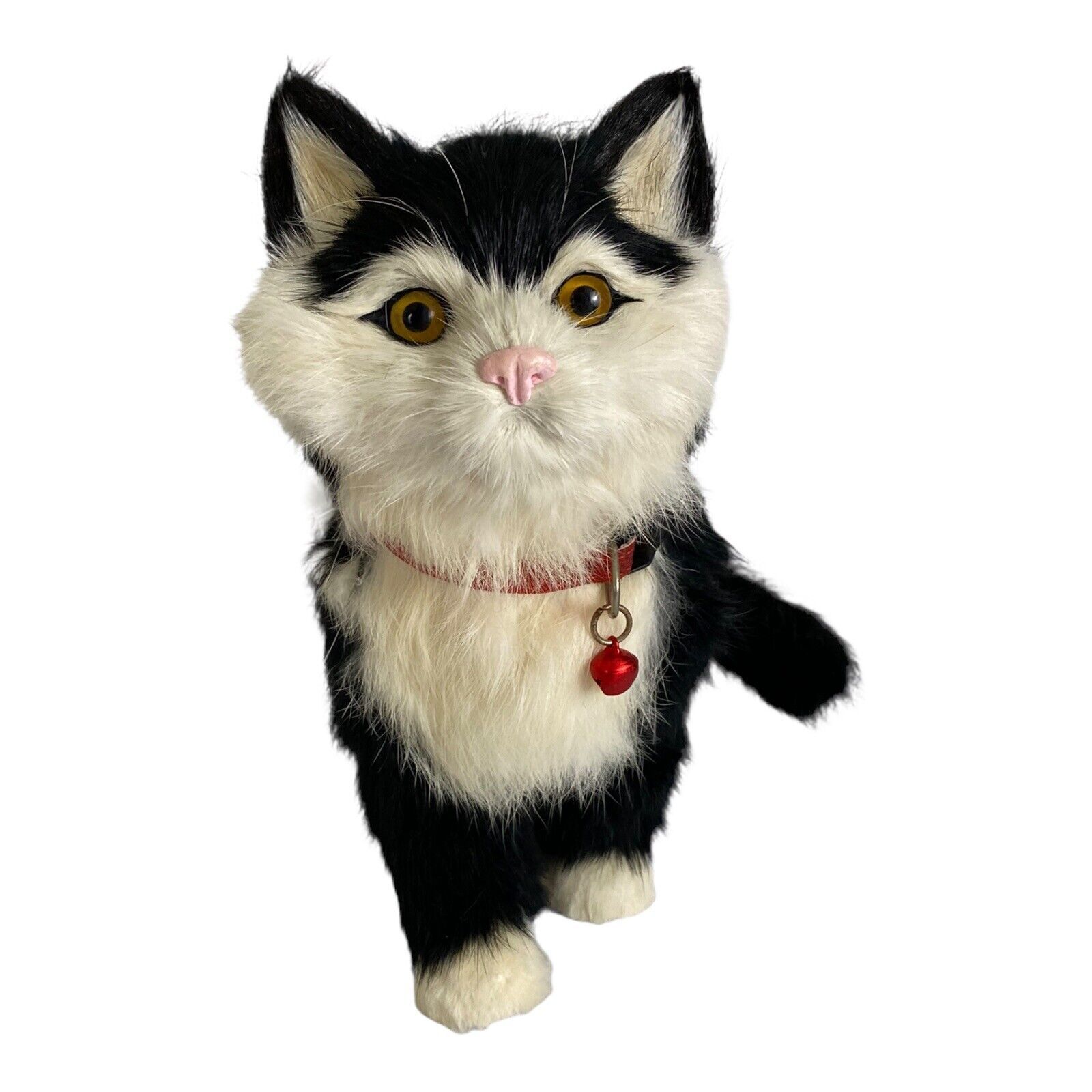Vtg Real Rabbit FUR Kitty CAT Kitten Black & White Stuffed Animal Glass Eye Bell - £57.11 GBP