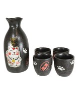 Japanese Maneki Neko Lucky Charm Cat Ceramic Black Sake Set Flask With F... - $35.62 CAD
